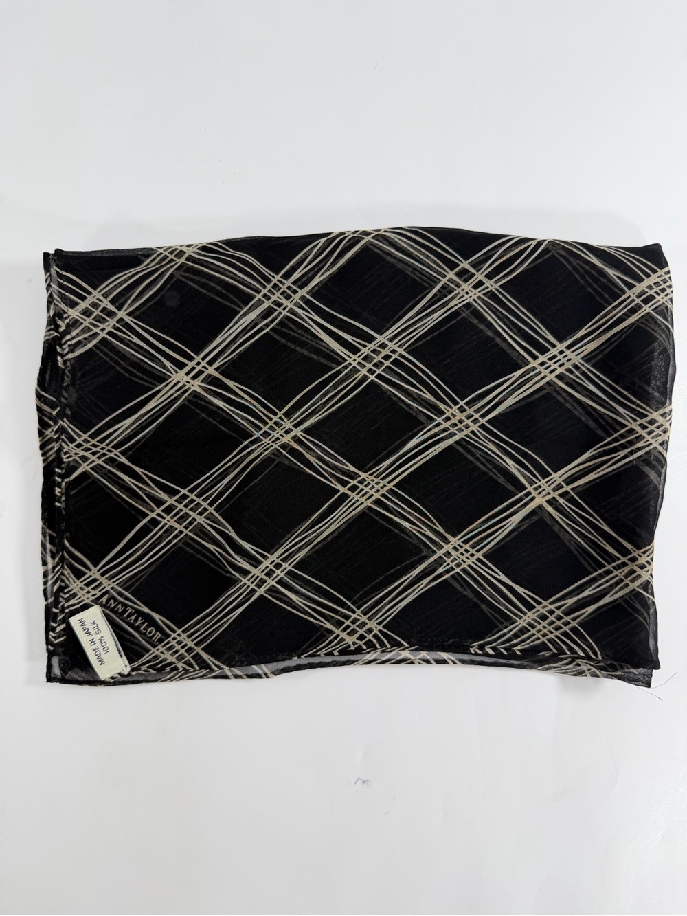 Ann Taylor 100% Silk Sheer Scarf Black Ivory Abstract Plaid 42x15 Made in Japan - Picture 7 of 8